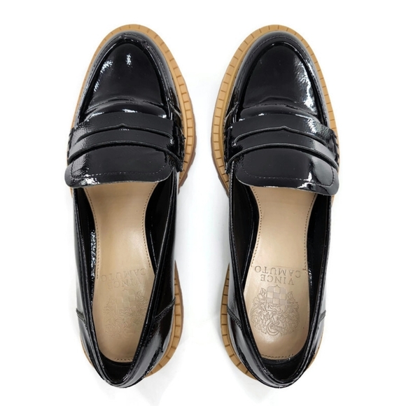 Vince Camuto McKella Black Patent Leather Chunky Lug-Sole Penny Loafers - Picture 5 of 10